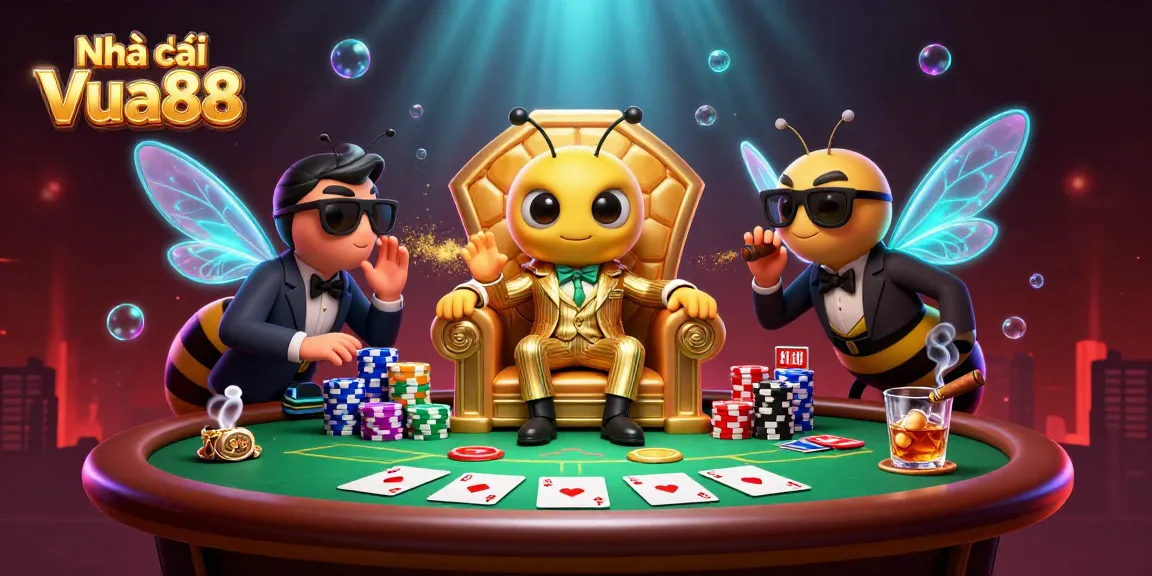 Engage with Nhà cái Vua88 at a vibrant casino scene featuring a bumblebee mob boss and poker elements.