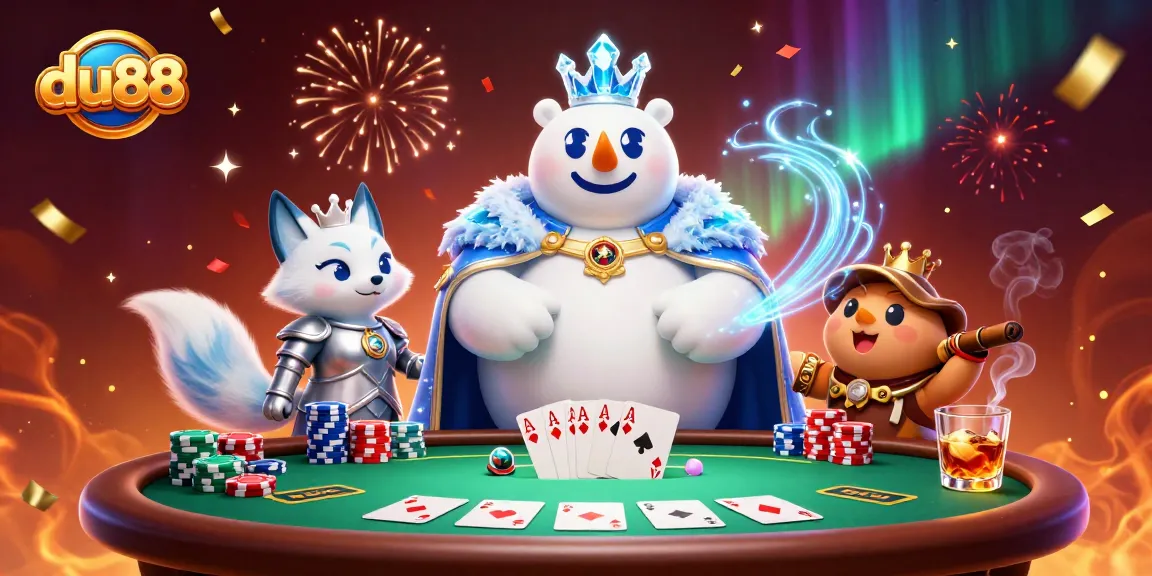 du88 showcases a vibrant casino scene with a polar bear and snow fox amidst poker elements.