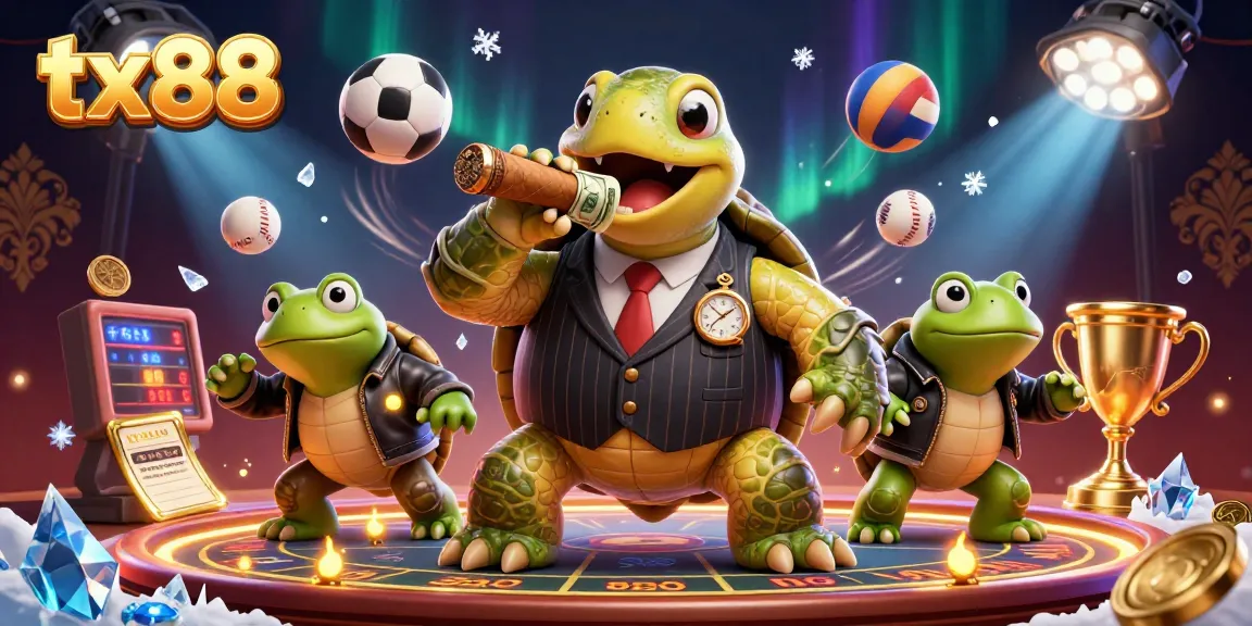 Engage in the thrilling action at tx88 with a vibrant casino scene showcasing a mobster turtle and bullfrog enforcers.