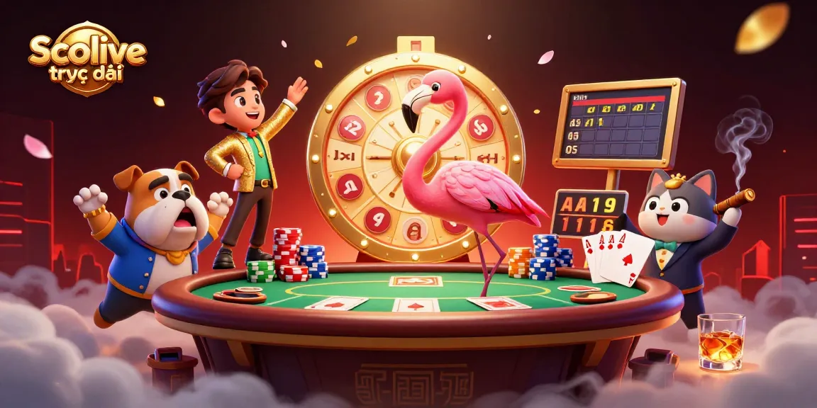 Socolive trực tiếp showcases a vibrant game scene with a flamingo host, bulldog contestant, and a scoreboard cat, all amidst rich poker elements.