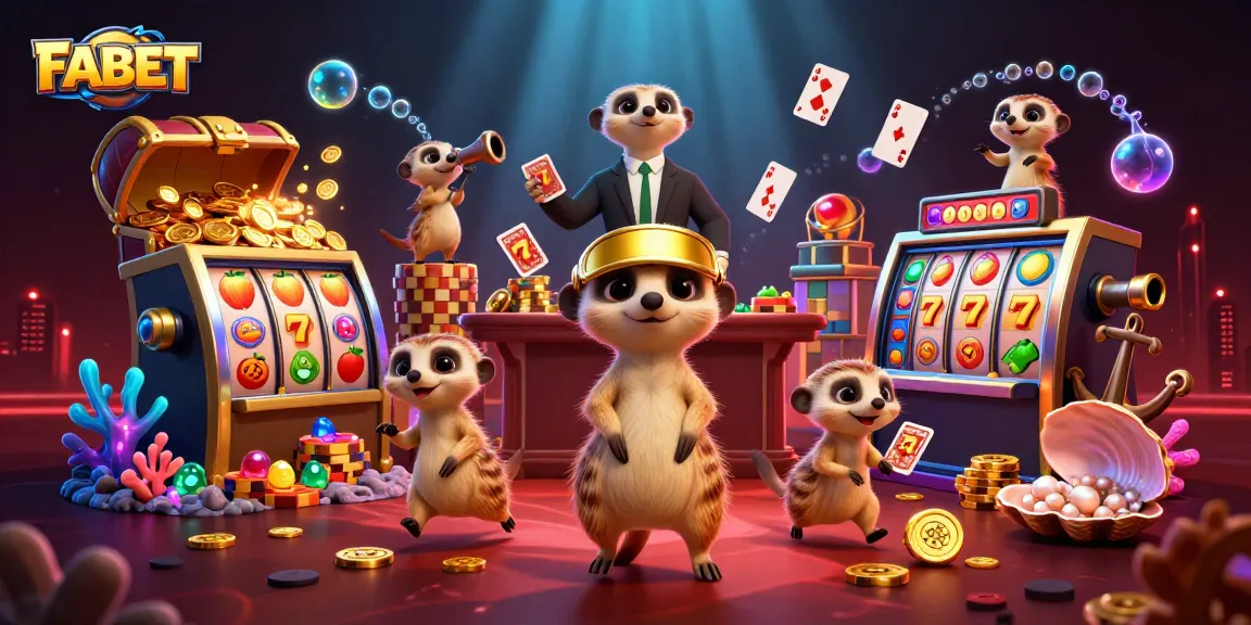 Engage with FABET's dynamic casino scene featuring meerkats managing exciting slot games and colorful elements.