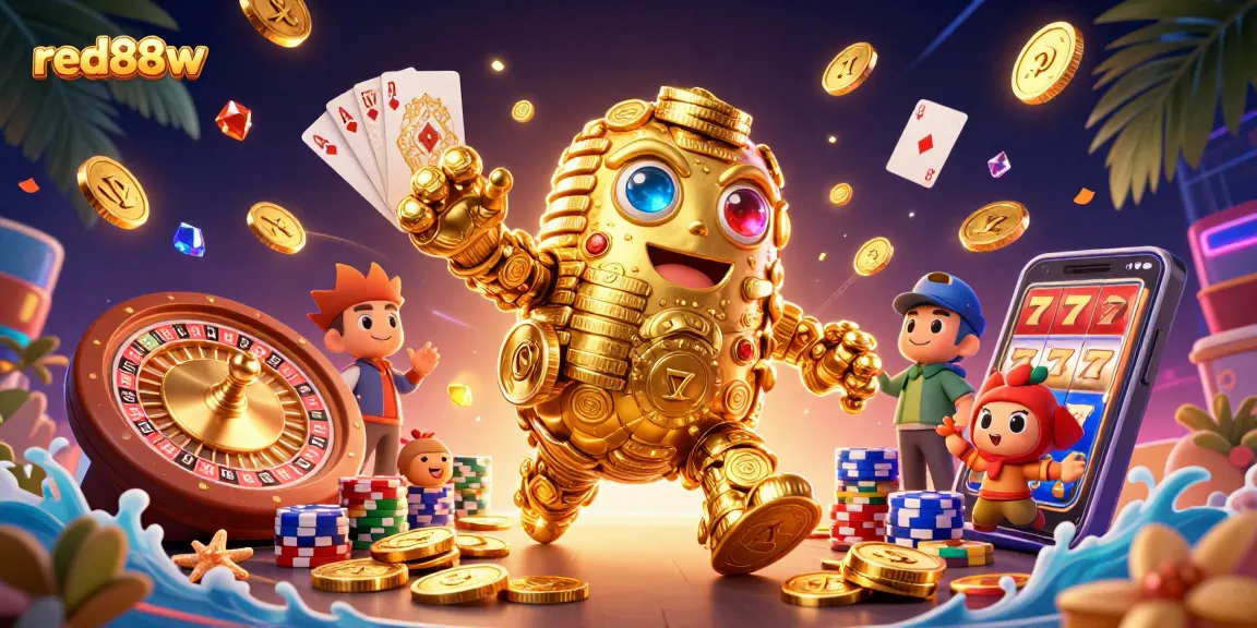 Experience thrilling wins with red88w's golden golem in this vibrant casino scene, bursting with action.