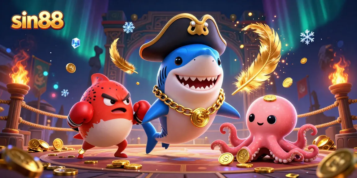 Engage with sin88's thrilling casino world featuring a shark, pufferfish, and octopus in vibrant 3D art.