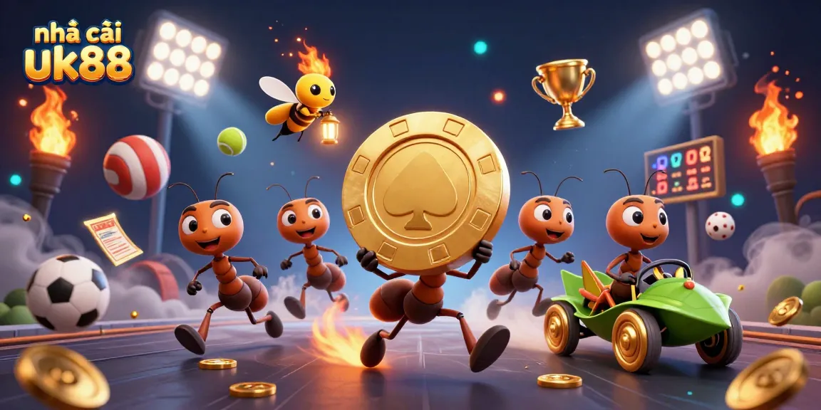 nhà cái uk88 showcases a thrilling scene of ants carrying a giant poker chip amidst dynamic sports elements.