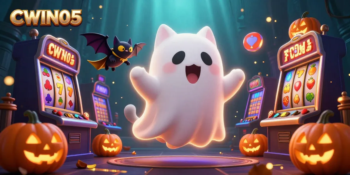 CWIN05 showcases an exciting scene with a friendly ghost cat in a detailed haunted casino filled with glowing slot symbols.