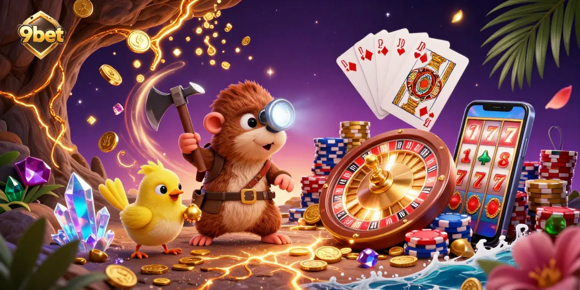 Experience the excitement of 9bet with a treasure-hunting mole in a vibrant casino scene full of gems and gold.