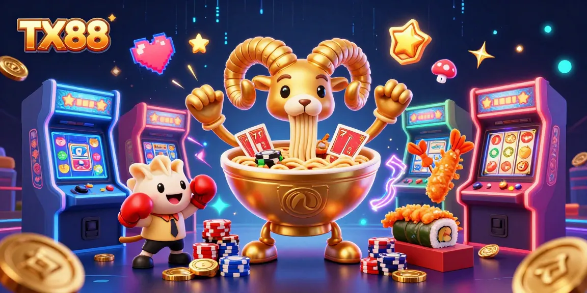 Engage with TX88 as the golden ramen bowl dealer stacks chips in an exciting casino scene.