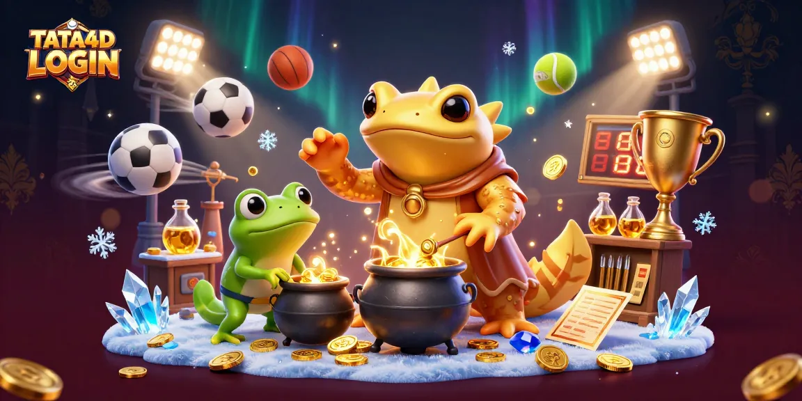 TATA4D LOGIN showcases alchemy in a medieval setting, featuring an alchemist with gold elements and sports betting motifs.