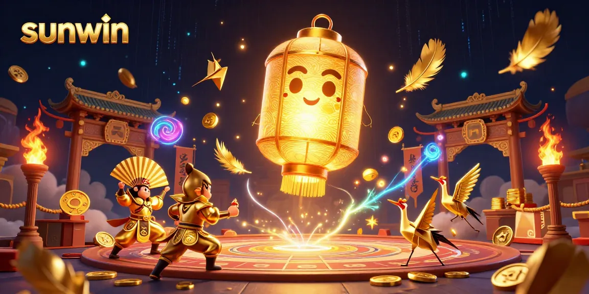 Engage with sunwin's vibrant casino atmosphere featuring golden lanterns and warriors.