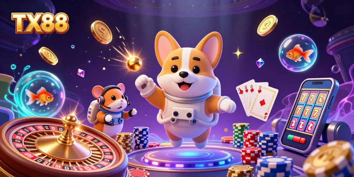 Experience the excitement of TX88 with playful astronaut corgi in a vibrant casino scene.