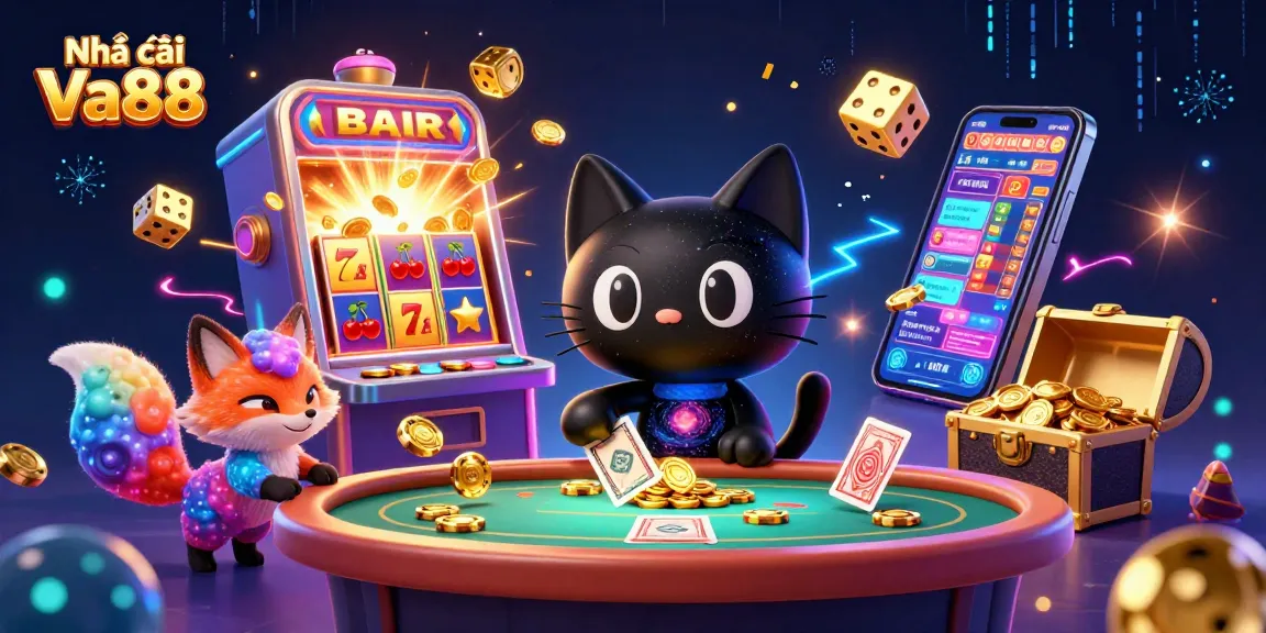 Engage with Nhà cái Va88 as the cosmic cat entices gamers with golden chips at a vibrant casino.