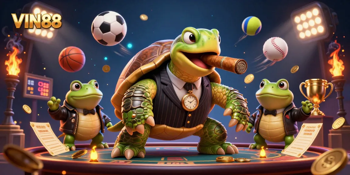 Witness the thrilling action at VIN88 with our vibrant casino-themed illustration featuring a sharp-dressed snapping turtle and bullfrog enforcers.