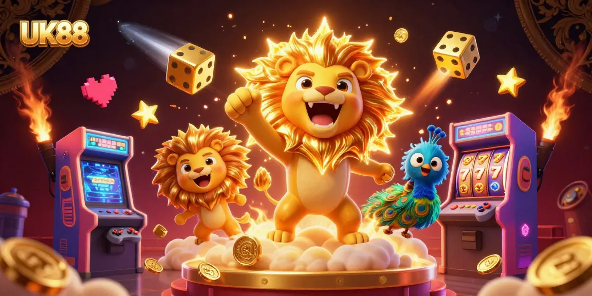 Experience the thrill of gaming with UK88 as a sun lion roars on a platform of golden clouds.