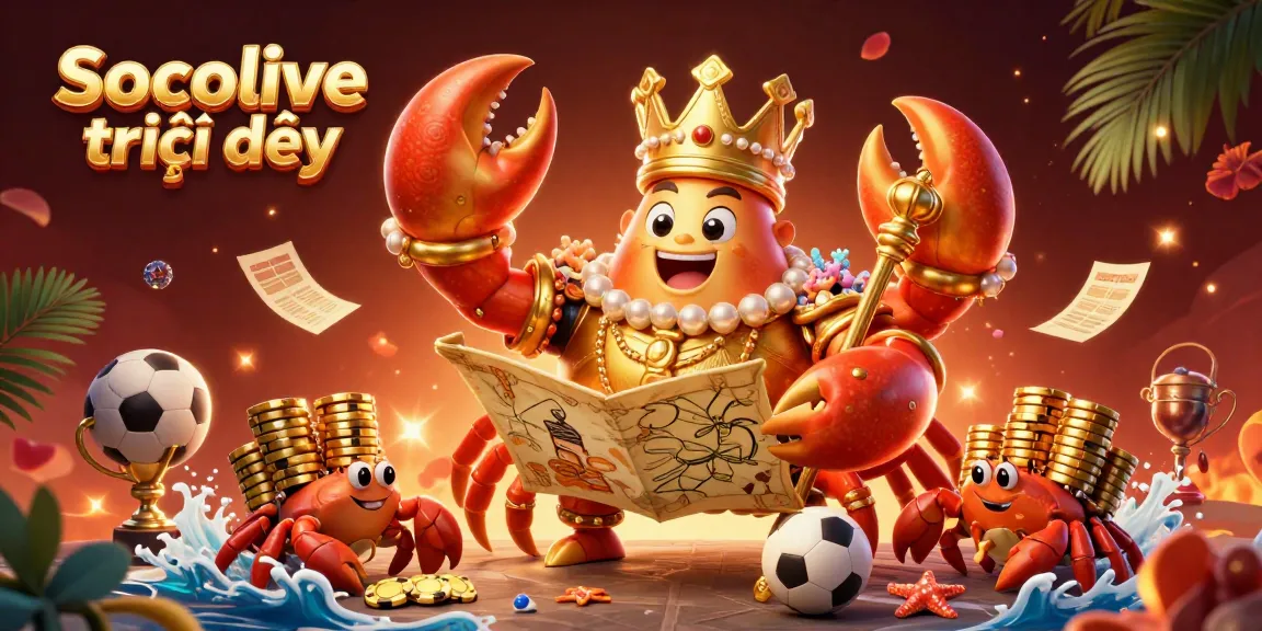 Experience Socolive trực tiếp with a golden crab emperor and energetic sports gambling elements in a vibrant scene.