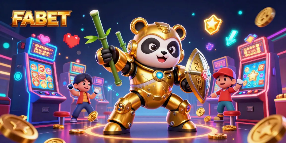 Experience the excitement of FABET with a mech-suit panda battling in a vibrant casino filled with animated elements.