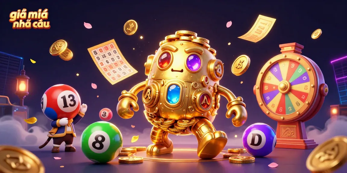 Engage with giải mã nhà cái through this vibrant 3D scene featuring a golden golem, spinning prize wheel, and bouncing lottery balls.