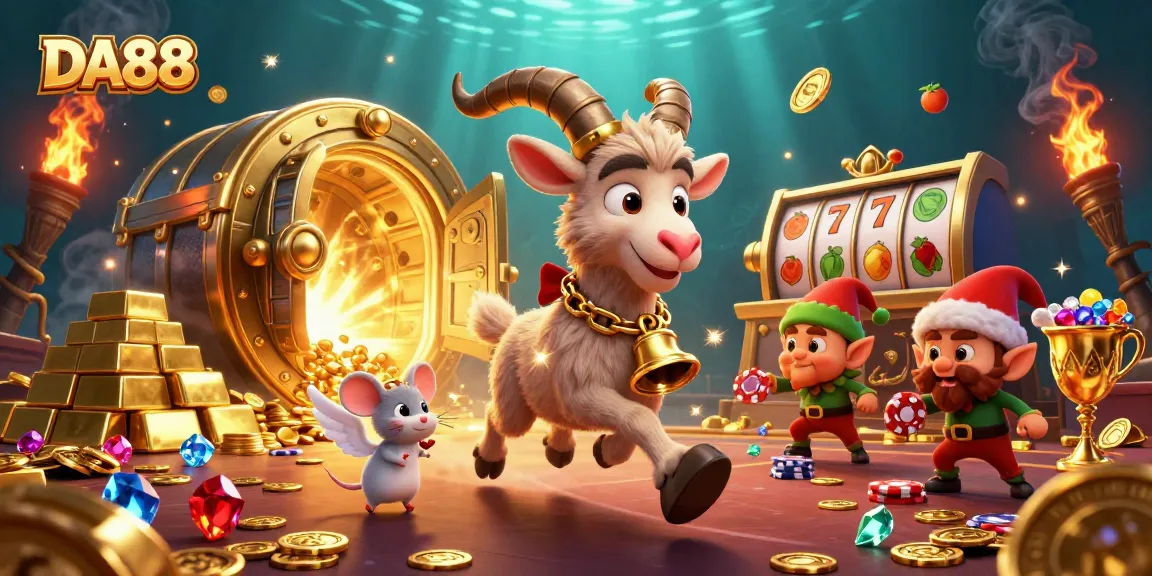 Engage with DA88's thrilling casino scene featuring Krampus, an angel mouse, and elf gremlins stealing poker chips.