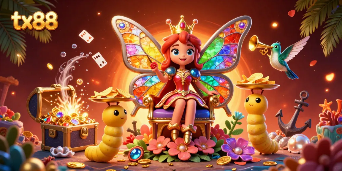 tx88 delights in vibrant slots and games with the butterfly queen in a festive casino scene.
