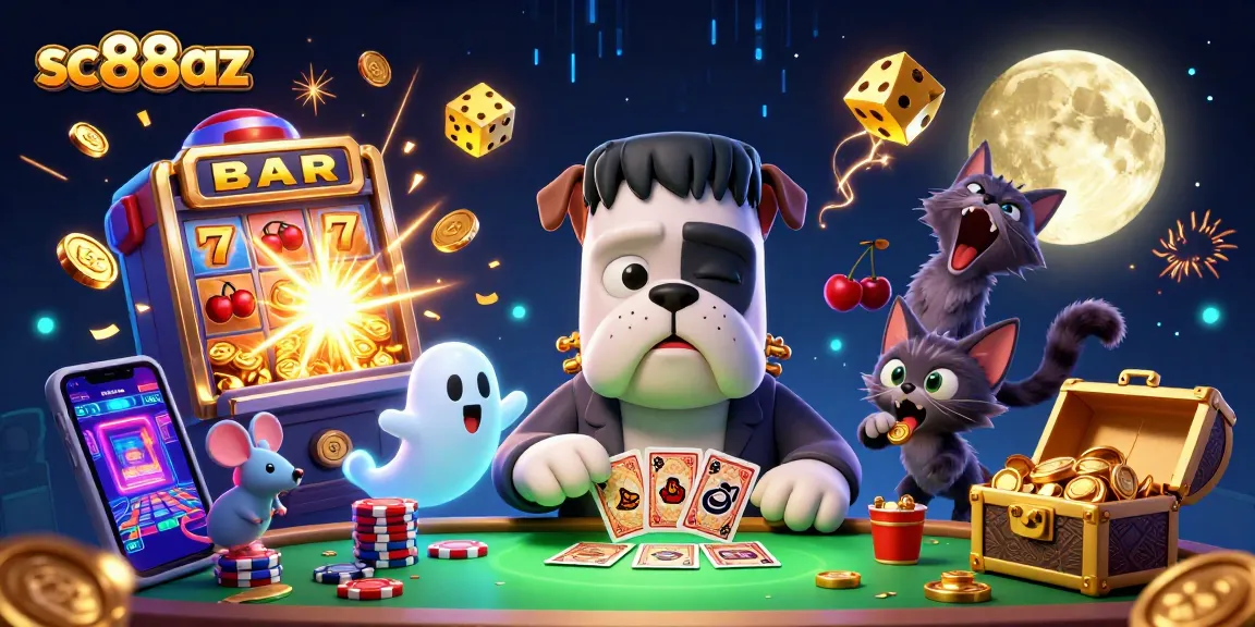 sc88az showcases a lively casino scene with a Frankenstein bulldog dealer, ghostly mouse, and werewolf kitten.