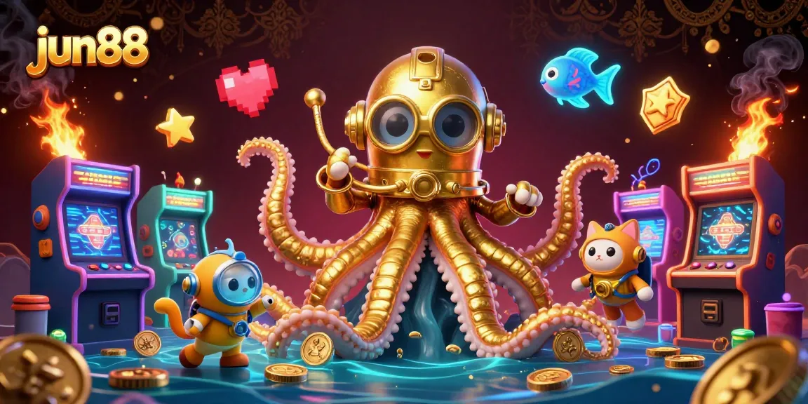 Engage in exciting gameplay at jun88 with a colorful casino scene featuring a kraken, vintage diver, and arcade elements.