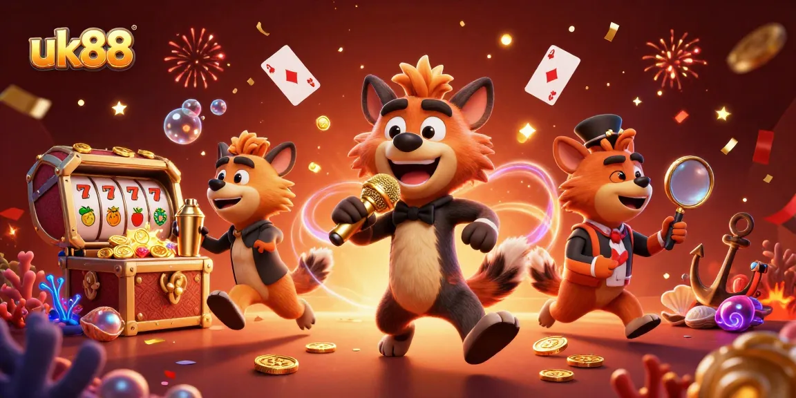 Experience the vibrant uk88 comedy casino with lively hyenas amidst slot reels and treasures.